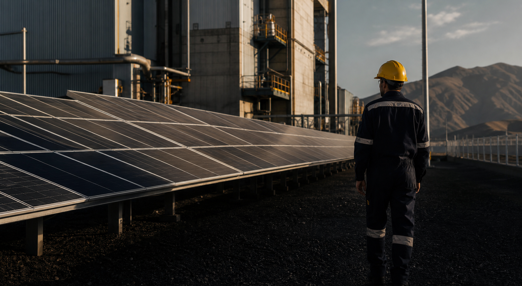 Especialista supervisando una instalación fotovoltaica industrial
